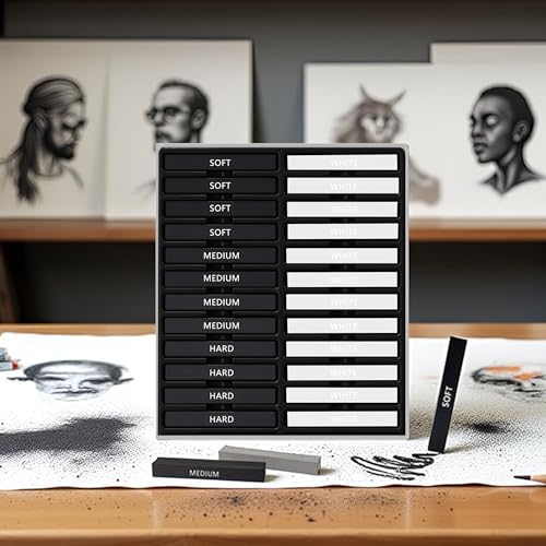 24 Pcs Compressed Charcoal Sticks with Soft, Medium, Hard and White Charcoal, Square Charcoal Stick Kit for Drawing, Sketching and Shading (12 Black and 12 White) - color: 12 Black + 12 White