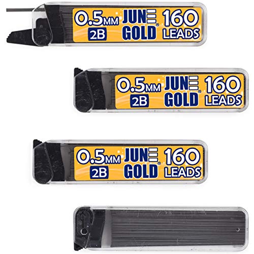 June Gold 0.5 mm, 640 Lead Refills, 2B, 4 Dispensers/w 160 Pieces Each | Fine Thickness, Break Resistant Graphite, Elegant Dispensing Mechanism - color: 2b Graphite, style: 0.5 mm