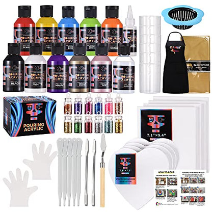 OPHIR Acrylic Pouring Paint Set, 10 Colors with Pouring Medium & Varnish | Complete Paint Pouring Kit Includes Canvases, Glitter Powder, Aprons, Gloves & Table Covers for DIY Projects - color: Complete Pouring Paint Kit (Beginning Kit)