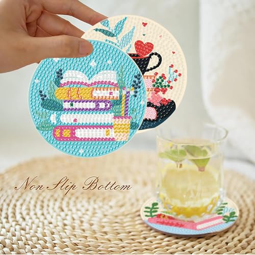 8 Pcs Book Diamond Art Coasters Kit for Adults, Book Lovers Wooden Coffee Diamond Painting Coasters with Holder, 5D Gem Art Dots Painting Coaster with Cork Pads - Crafts Supplies for Home Decor - color: Jxbd47-us