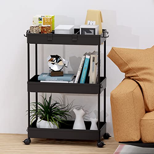 SPACELEAD 3 Tier Rolling Cart with Wheels, Storage Craft Art Trolley Organizer Serving, 3 Hanging Baskets Easy Assembly, for Office, Bathroom，Living Room, Kitchen, Black - color: Black