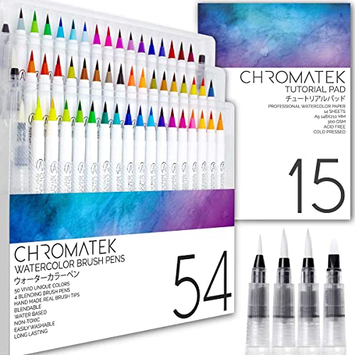 CHROMATEK 54 Watercolor Pens Set | Including 15 Page Pad & Online Video Tutorial Series | 4 Aquapens & 50 Unique Colors | Brush Pens | Easily Blendable, Vivid, Smooth | Professional Art Supplies - size: 1 Count (Pack of 54)