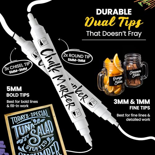Chalkola 5 White Dual Tip Chalk Markers - Bullet & Chisel (1mm, 3mm, 5mm) - size: 5 White Dual Tip