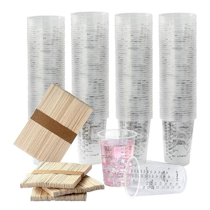 200PCS Resin Epoxy Mixing Cups, HIA 8oz Clear Plastic Paint Measuring Cups with 200pcs Wooden Stirring Sticks for Epoxy Resins, Mixing Paint, Pigments, Resins