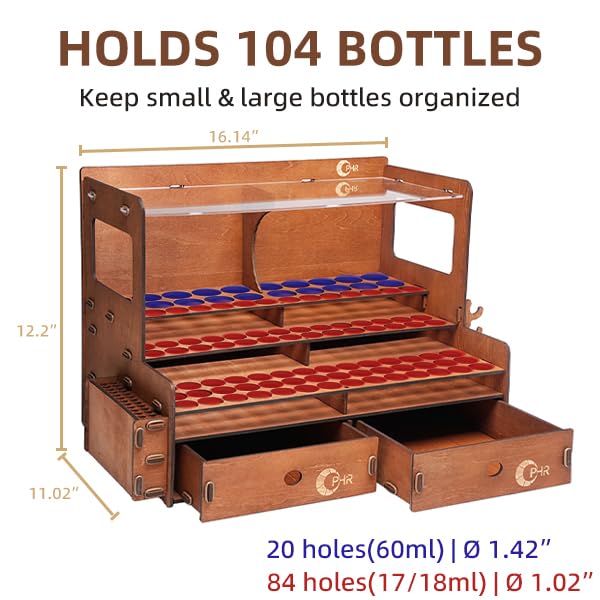 OPHIR Wooden Paint Organizer for 104 Bottles with 2 Brush Holder, 2 Drawer - size: 1.02" & 1.42"-104 Holes