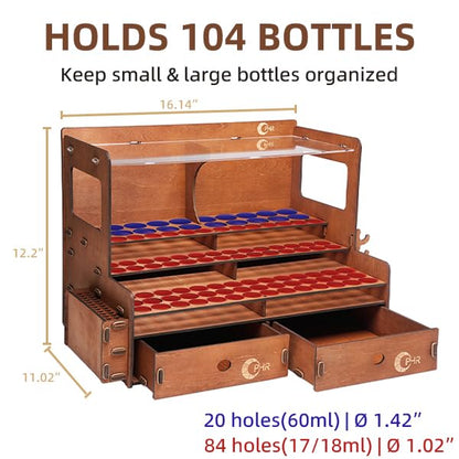 OPHIR Wooden Paint Organizer for 104 Bottles with 2 Brush Holder, 2 Drawer - size: 1.02" & 1.42"-104 Holes