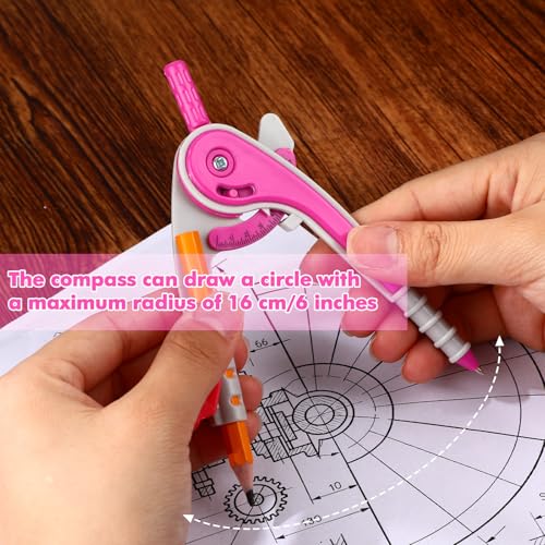 Zonon 1 Set Plastic Geometry Math Set 7 Pcs Includes 6'' / 4 '' Protractor, Drawing Compass, 45/60 Degree Triangle Rulers, 12'' / 6'' Math Ruler Transparent for Office Supplies(Pink) - color: Pink
