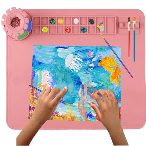 Silicone Craft Mat, 20"x 16" Painting mat Palette for Resin Casting Mold Mat, Nonstick Craft Sheet with Removable Cleaning Water Cup for Painting, Clay, Art, DIY Projects (Red) - color: Red
