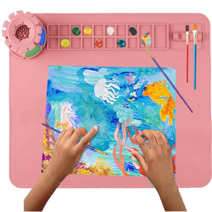 Silicone Craft Mat, 20"x 16" Painting mat Palette for Resin Casting Mold Mat, Nonstick Craft Sheet with Removable Cleaning Water Cup for Painting, Clay, Art, DIY Projects (Red) - color: Red