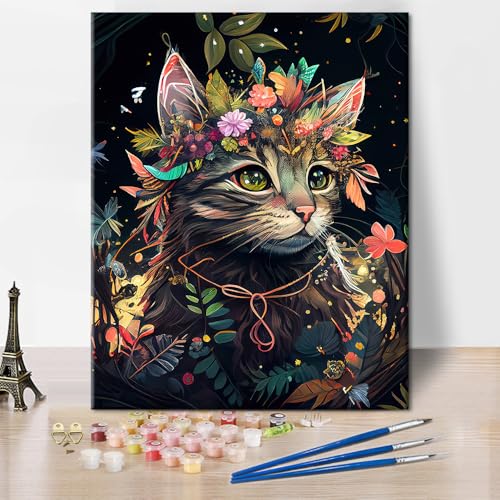 TUMOVO Cute Fluffy Cat with Flowers Paint by Numbers Craft Kit for Adults | Animals Art on 16x20 Inch Unframed Canvas with Acrylic Paints and 3 Brushes Relaxing DIY Craft and Wall Decor - color: Cat