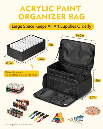 Magicfly Large Art Bag, Waterproof Acrylic Paint Storage with Drawing Easel | Art Supply Bag, Portable Art Travel Bag, Art Bags for Supplies, Holds up to 90 (2oz) Paint Bottles, for Artists & Students - color: Black
