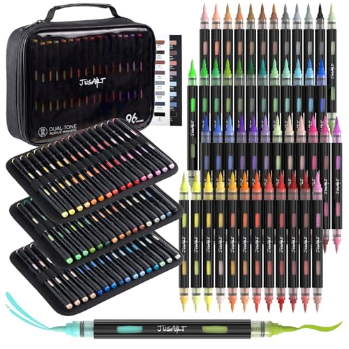 JusArt Acrylic Paint Markers 96 Colors, 48 Dual-Tip Brush Markers, No Bleed | Water Based Markers with Automatic Ink Control for Wood, Rocks, Fabric, Canvas, Glass, Eggs, Coloring Books & DIY Crafts