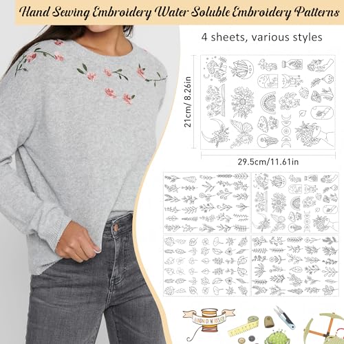 Water Soluble Stabilizer Embroidery Paper - Stick and Stitch Embroidery Paper Wash Away, 4 Sheet Embroidery Patterns, Leaves Butterfly Mushroom Book Flower, Hand Sewing Crafts - style: leaves 1305