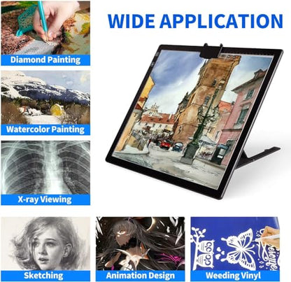 YINGWOND Rechargeable A3 LED Light Pad with Carry Bag, Adjustable Brightness Light Box with 3 Colors, Built-in Stand, 2500mAh Battery, Magnetic Clip, Light Board for Tracing Diamond Painting Sketching - style: Rechargeable-A3 Black+Padded case