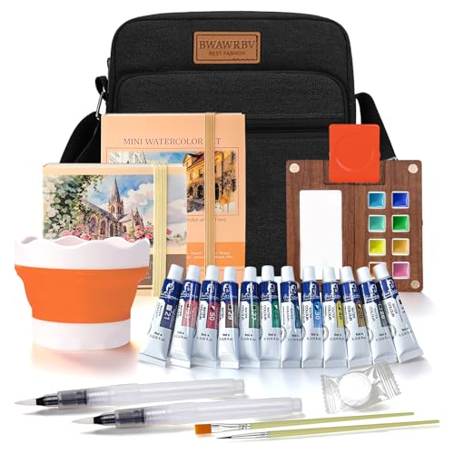 Mini Watercolor Paint Set Travel, Portable Pocket Watercolor Kit with Wooden Palette,Colours,Sketchbook, Brush&Water Cup,Clip.Complete Artist Supplies From Beginner Watercolors to Seasoned Pro Needs