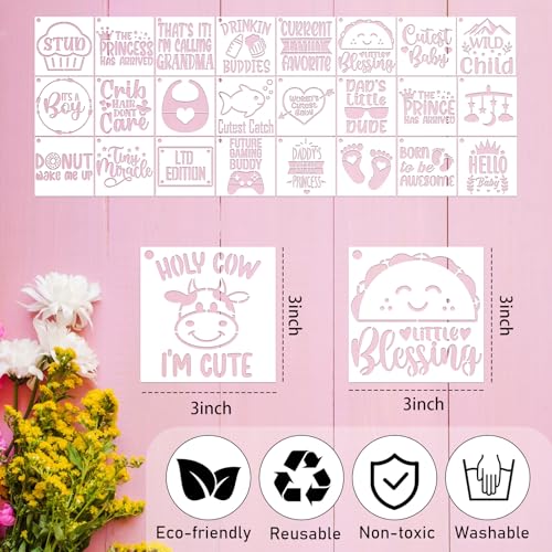 Baby Shower Onesie Stencils for Painting - 65 Pcs Small Baby Shower Reusable Stencils for Painting for Canvas Decoration, Cute Panda Cow Cat Painting Templates DIY Home Walls Fabric Decorations - style: Baby Shower