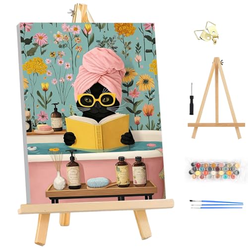 EOBROMD Framed Paint by Numbers Kits for Adults - Wooden Easel, Black Cat DIY Acrylic Paint by Number on Stretched Canvas, Painting Kits Adults Oil by Numbers for Home Decor 10x14 Inch - color: LG014