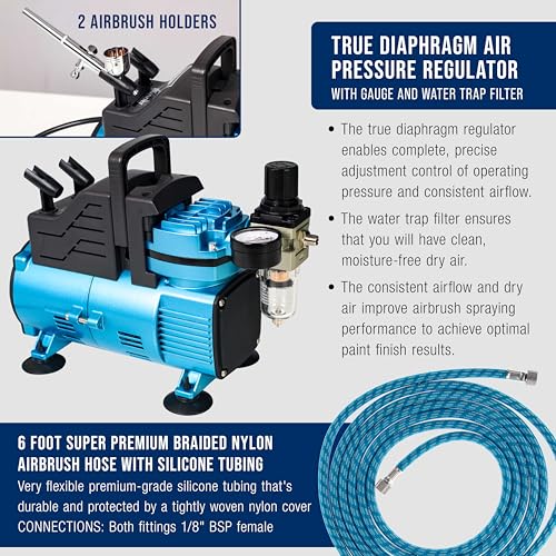 Master Airbrush 1/5 HP Cool Runner Dual Fan Air Compressor Kit Model TC-420 - Professional Single-Piston with 2 Cooling Fans, Longer Running Time without Overheating, Regulator Water Trap Holder - style: Super Cool Runner