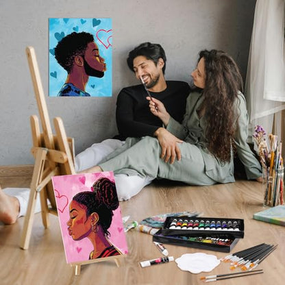 Cholemy 36 Pcs Paint and Sip Kit Gift for Adults 8''x10'',Couple | Pre Drawn Canvas, Painting DIY Afro Acrylic Painting Kit, Wood Easel Brushes, Date Night Bulk, Summer Halloween Party - style: Couple