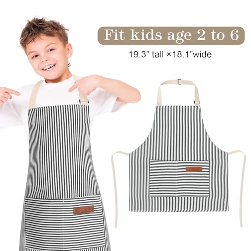 3 Pack Stripes Kids Apron, Adjustable Kids Cooking Aprons with 2 Pockets, Cute Chef Baking Aprons for Boys and Girls - color: Black + Grey + Pink, size: 45x50cm
