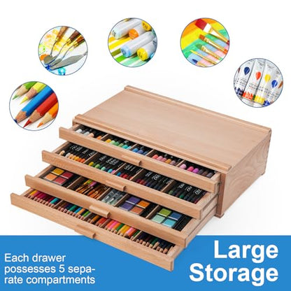 Falling in Art 4 Drawer Wooden Pastel Storage Box | Portable Organizer Box for Pastels, Pencils, Markers, Brushes and Art Supplies - size: 4-Drawer