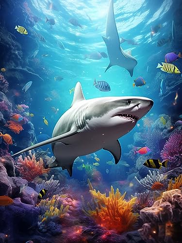 SKRYUIE 5D Diamond Painting Kits Shark - DIY Diamond Art Kits for Adults Marine Animals, Full Round Drill - Crystal Cross Stitch - Adults Craft for Wall & Office Decor - 12x16 inch - color: Colorful-1