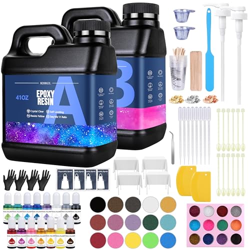 KISREL Epoxy Resin 82oz - Clear Epoxy Resin Kit with 15 Pigments and 15 Colors of Mica Powders - No Yellowing No Bubble Casting Resina for Art Crafts, Jewelry Making, Wood & Resina Molds(41oz x 2) - size: 82oz