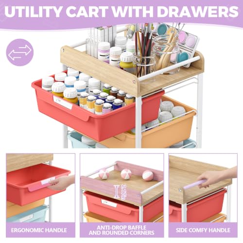 SYKIARIOL Utility Cart with 5 Labeling Drawers and Wooden Tabletop - color: Jelly Bean Color, size: 5-Drawer