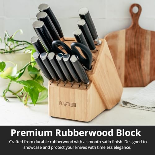 Yatoshi 15 Piece Knife Block Set - Pro Kitchen Knife Set Ultra Sharp High Carbon Stainless Steel with Ergonomic Handle - color: Light Brown, size: 15-Piece