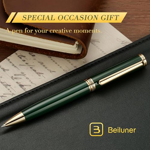 BEILUNER Luxury Gel Pen with 24K Gold Finish, Green Piano Lacquer, Luxury Grade Craftsmanship, Fancy Pen Gift Set for Men and Women, Graduation Gift, Executive, Office, Retractable, Nice Pen Set - color: Green and Gold Finish