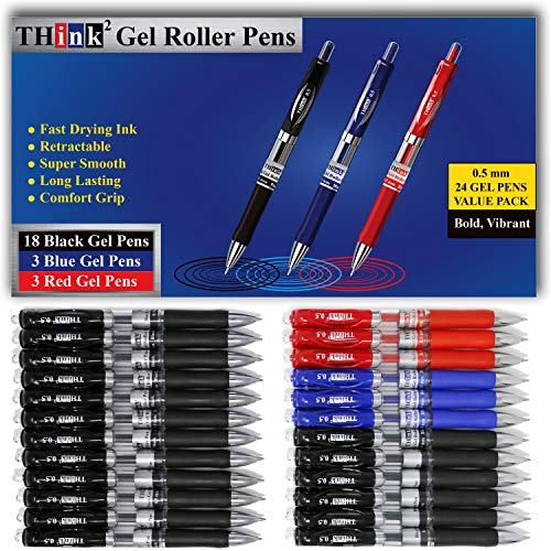 [24 Pens - 3 Colors] Think2 Retractable Gel Pens. (18 Black, 3 Red, 3 Blue) Fine Point (0.5mm) Rollerball Pens with Comfort Grip. - color: Black/Red/Blue