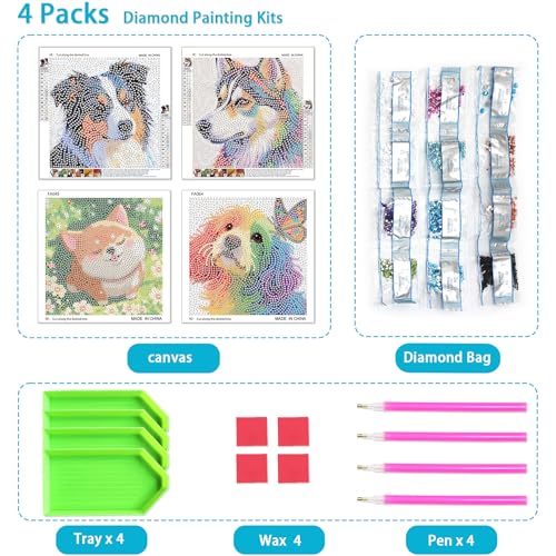 UiSdfuy Diamond Art Kits for Kids,Arts & Crafts for Kid Ages 8-12,Diamond Art for Kids,Gem Art 4 Pack Diamond Painting 6" X 6" (4-Dog) - color: 4-dog