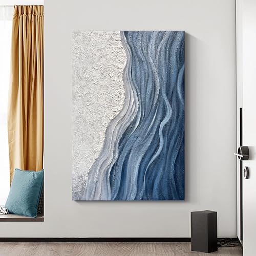 Art Hand-Painted Blue and White Texture Abstract Art Oil Painting Modern Art Oil on Canvas Large Wall Art Deco 45x30 inches - color: Yi049