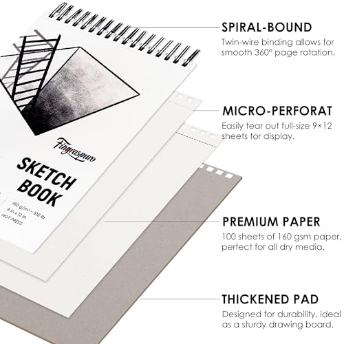 Fingraspuro 9x12 Top Spiral Sketchbook, 160 GSM, 100 Sheets, Hardcover | 108 lb acid-free hot press paper, micro-perforated sheets, for pencil, charcoal, gouache, wet and dry media