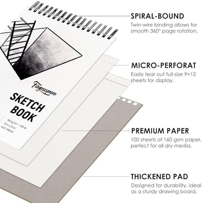 Fingraspuro 9x12 Top Spiral Sketchbook, 160 GSM, 100 Sheets, Hardcover | 108 lb acid-free hot press paper, micro-perforated sheets, for pencil, charcoal, gouache, wet and dry media