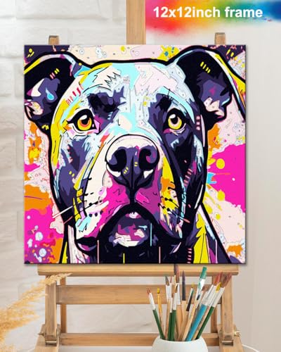 TOCARE Framed Paint by Numbers Kit for Adults Beginners & Kids Ages 8-12,12x12inch Pitbull Dog Paint by Number with Frame,Easy Dog Paint by Numbers Framed Canvas (Without Easel) - color: TC-F-291
