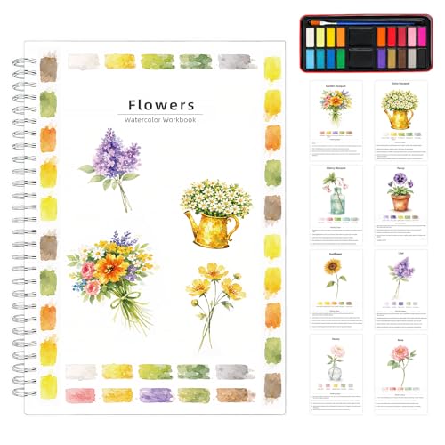 EVOCKAY Watercolor Flower Coloring Book for Adults | Creative Art Techniques | Skill-Building Practices for Beginners & Experienced Artists | Includes Paint Set & Premium Watercolor Paper - color: Flower A-15 Colors