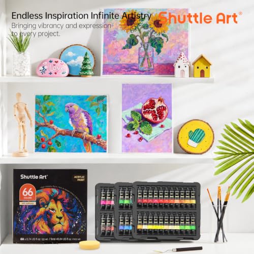 82 Pack Acrylic Paint Set, Shuttle Art 66 Colors Acrylic Paint with 10 Brushes, 22ml/0.74oz Tubes, Vibrant Colors, Artist Painting Supplies for Kids, Adults Painting & Crafting on Canvas, Wood Ceramic