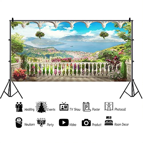 AOFOTO 15x8ft Retro Garden Terrace Backdrop Beautiful Balcony Scenery Photography Background Vintage Archway Landscape Girl Bride Portrait Seascape Romantic Wedding Photo Studio Props Vinyl Wallpaper - size: 15x8ft