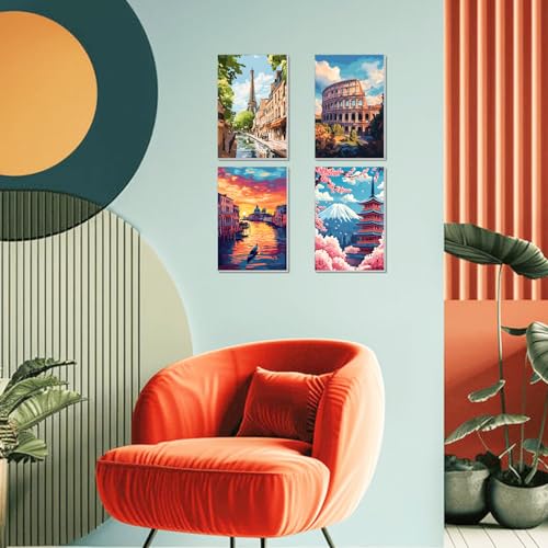 obterie 4 Pack Framed Paint by Numbers Kit for Adults Beginner Canvas Painting by Numbers for Adults Landscapes Easy Adult Paint by Number Kits with Frame City Watercolor Painting by Number 8x12 Inch - color: YFc0104