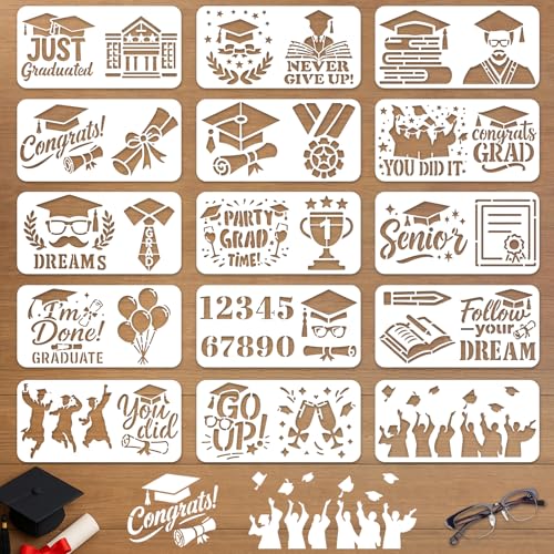 INFUNLY 15PCS Graduation Painting Stencils 3.9×7.87" Graduation Season Wall Stencil Reusable Painting Template Congrats Grad Walls Templates for DIY Crafts Wall Canvas Fabric Graduation-Party Decor - style: 15PCS Graduation