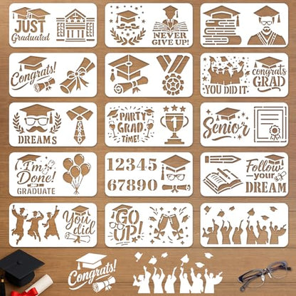 INFUNLY 15PCS Graduation Painting Stencils 3.9×7.87" Graduation Season Wall Stencil Reusable Painting Template Congrats Grad Walls Templates for DIY Crafts Wall Canvas Fabric Graduation-Party Decor - style: 15PCS Graduation