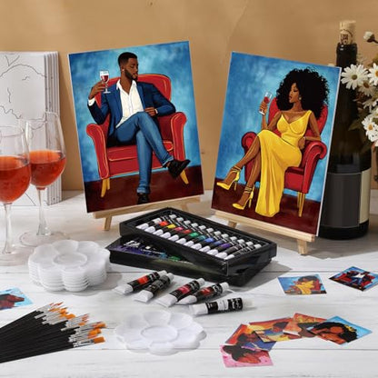 Cholemy 36 Pcs Paint and Sip Kit Gift for Adults 8''x10'',Couple | Pre Drawn Canvas, Painting DIY Afro Acrylic Painting Kit, Wood Easel Brushes, Date Night Bulk, Summer Halloween Party - style: Couple