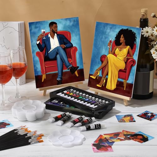 Cholemy 36 Pcs Paint and Sip Kit Gift for Adults 8''x10'',Couple | Pre Drawn Canvas, Painting DIY Afro Acrylic Painting Kit, Wood Easel Brushes, Date Night Bulk, Summer Halloween Party - style: Couple