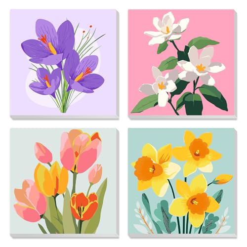 MXJSUA 4 Pack Tulips Flowers Framed Paint by Numbers Kit with Canvas for Adults Beginner, DIY Acrylic Oil Painting Kits with Brushes for Home Wall Decor Gift (8x8 inch) - color: Tulips Flowers