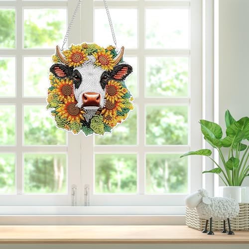 Bowetile Hanging Diamond Art Cow Kits for Adults, 5D Special Shape Diamond Painting Sunflower Kits, Animal Diamond Gem Art Suncatchers Painting Pendant Ornament for Home Garden Wall Decor - color: Cow