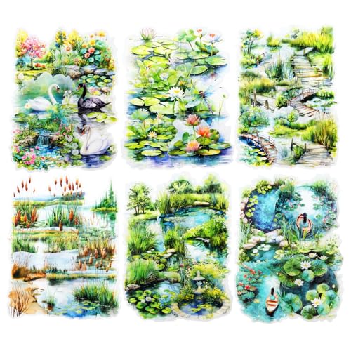 60Pcs Pond Scenery PET Stickers, Nature-Themed Scrapbooking Supplies for Journaling, DIY Crafts, Collage Decoration, and Card Making - color: Little Pond