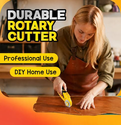 DIYSELF 45mm Rotary Cutter for Fabric, Fabric Cutter Rotary Tool, 5 Blades | Roller Cutter for Fabric with Ergonomic Handle, Safety Lock and Quick-Change Blades for Quilting, Sewing, Paper and Leather - color: Yellow