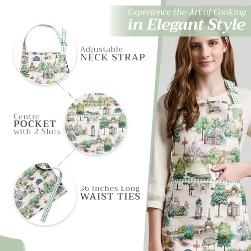 Maison d' Hermine Aprons for women with Pocket 100% Cotton (27.50"x31.50") | Adjustable Neck Strap & long ties Apron Men Chef Wedding Cooking Gardening Server Maid - color: 063 - Paris Voyage