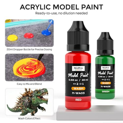 Nicpro 10 Colors Acrylic Model Wash Paint Set, 20ml Ready to Use Washes - style: Wash Color